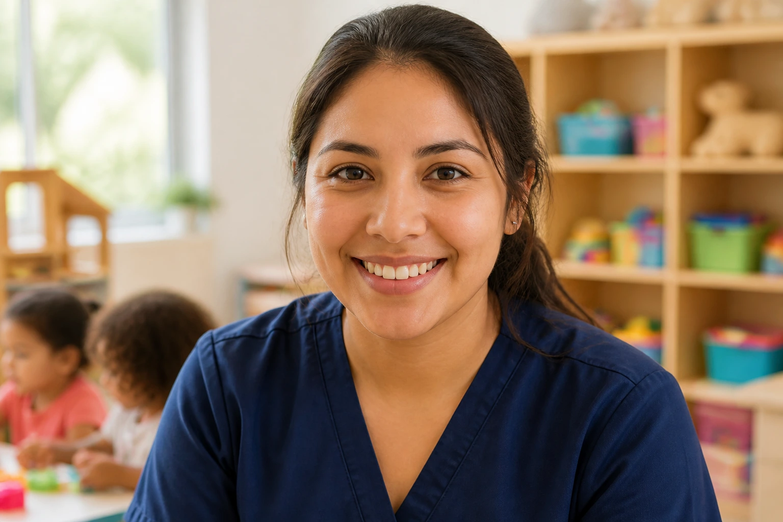 Portrait of a confident childcare professional in a classroom.