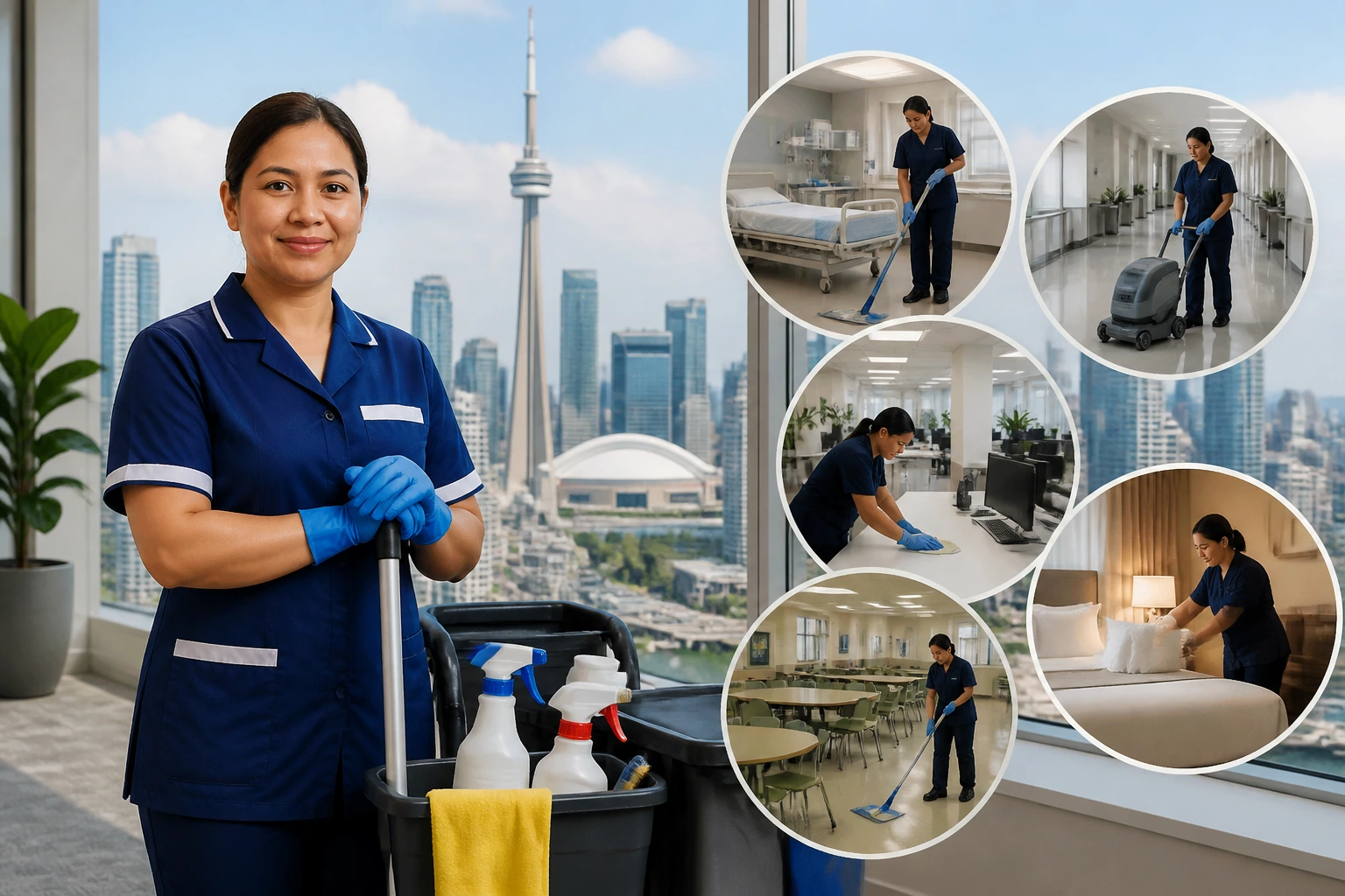 Cleaner in uniform with city skyline through window, representing urban LMIA markets.