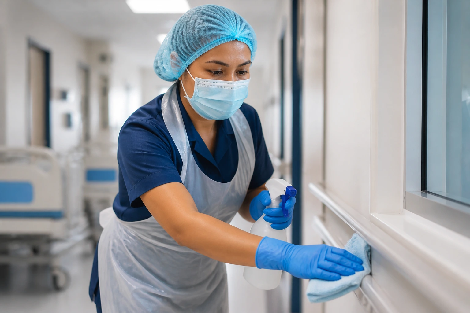 Close-up of a real cleaner in PPE cleaning in a hospital corridor