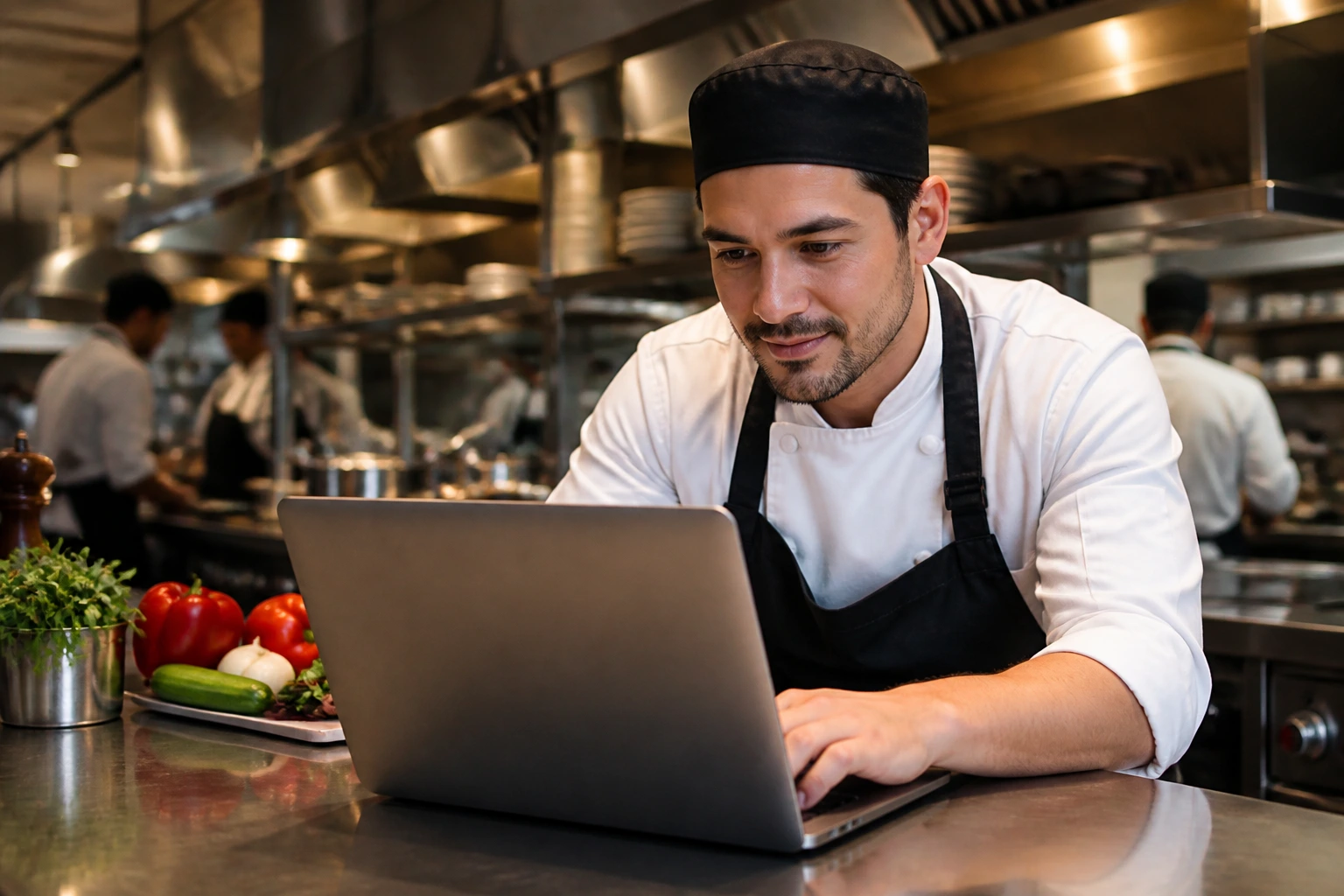 Chef using laptop in kitchen during work