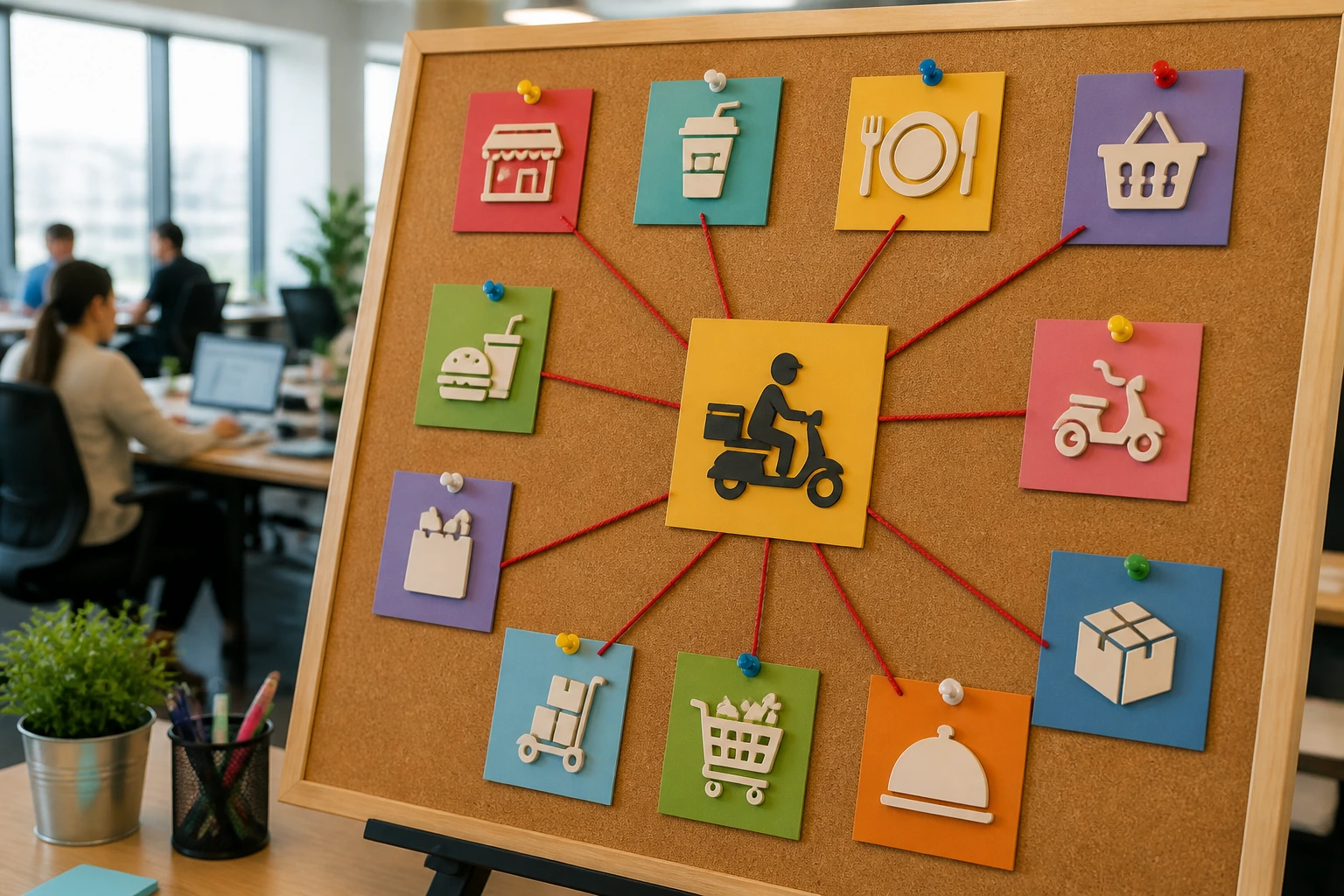 Close-up of a vibrant job board with sector icons in an office, no text visible.