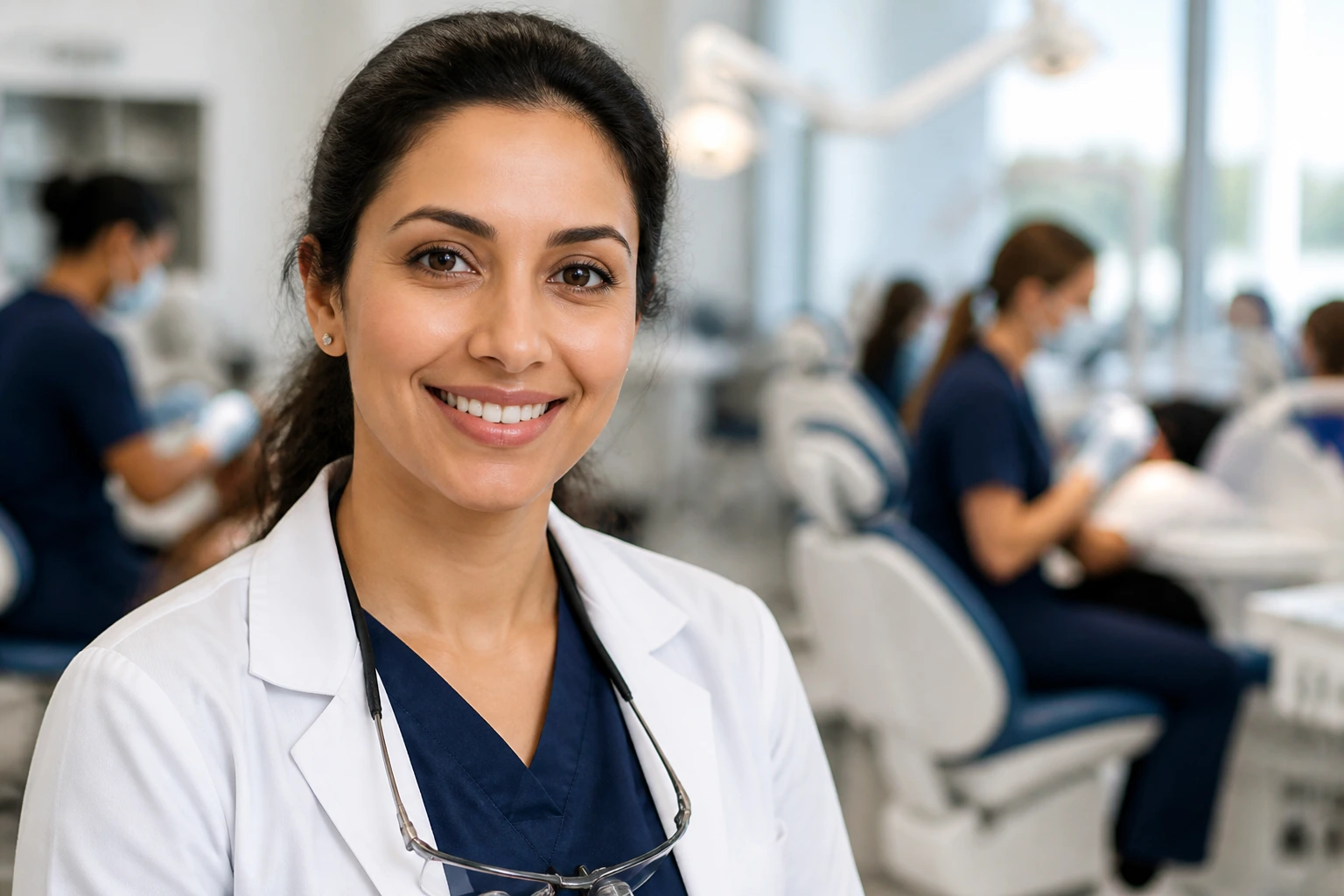 Dentist portrait in clinic with corporate/teaching context