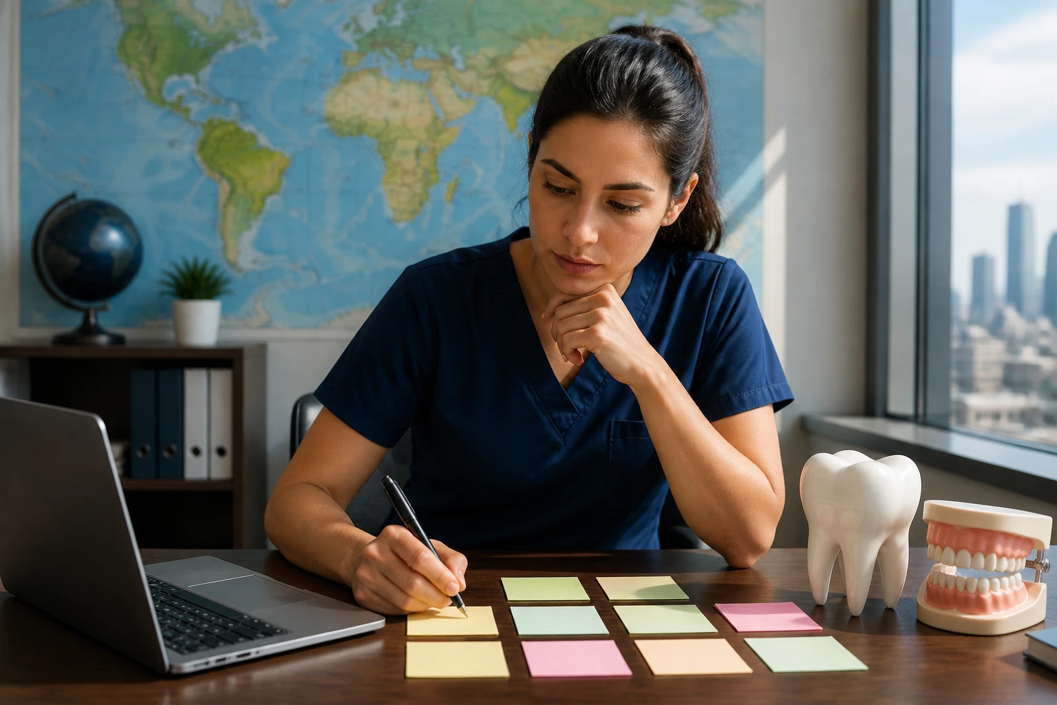 Professional planning with a world map in a modern office