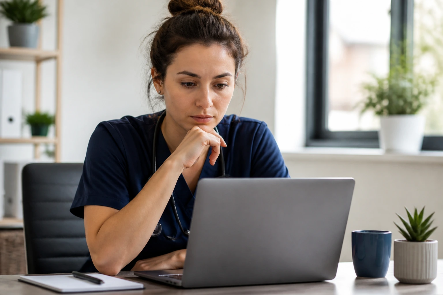 Person reading a sponsored veterinary nurse job advert on laptop in a quiet office