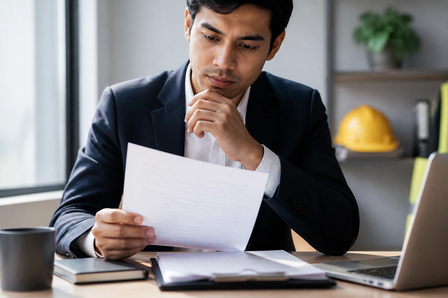 Person reviewing documents at a desk with a blurred contract.