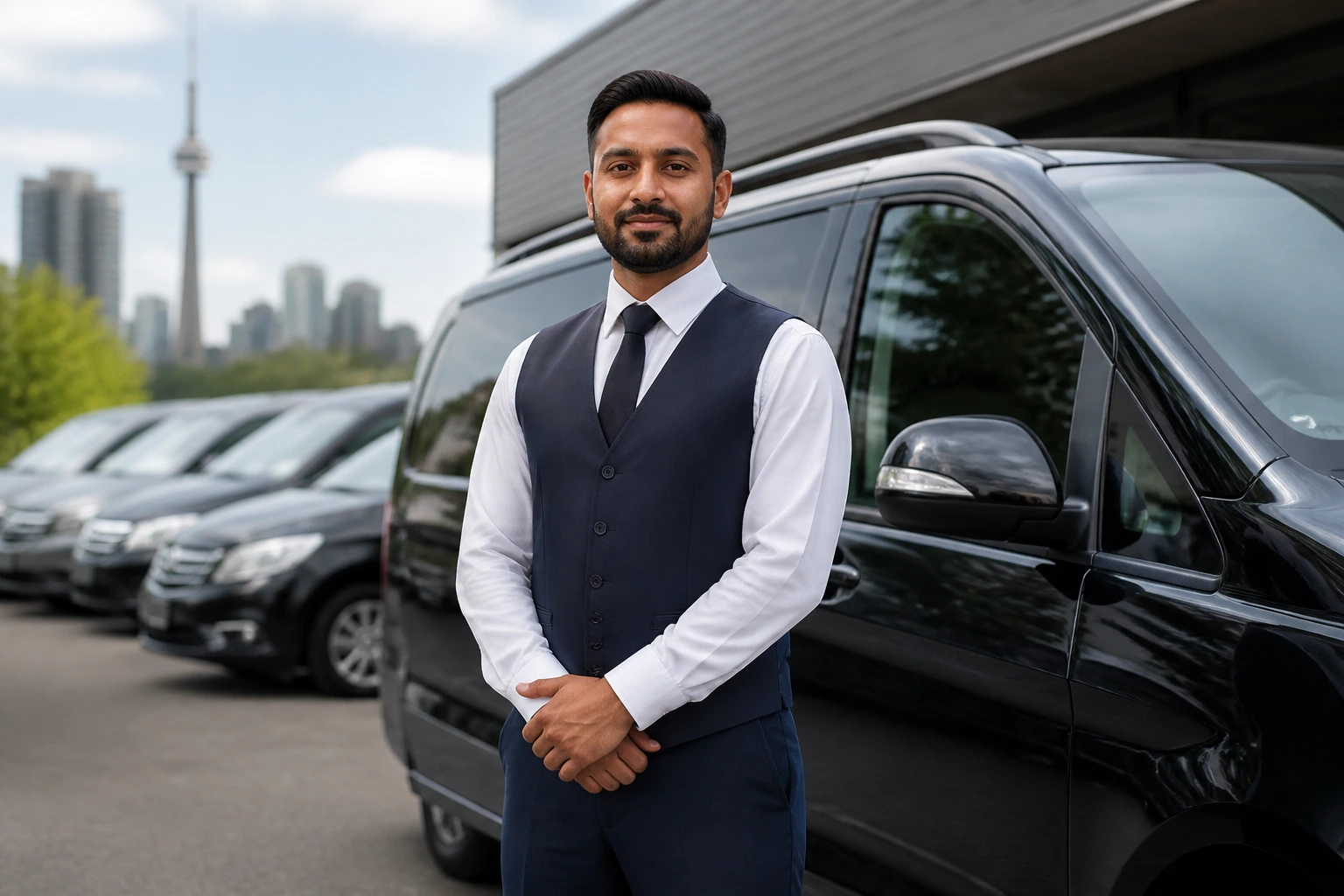 Professional driver in uniform beside a fleet vehicle in a yard, symbolizing legitimate sponsored driving jobs