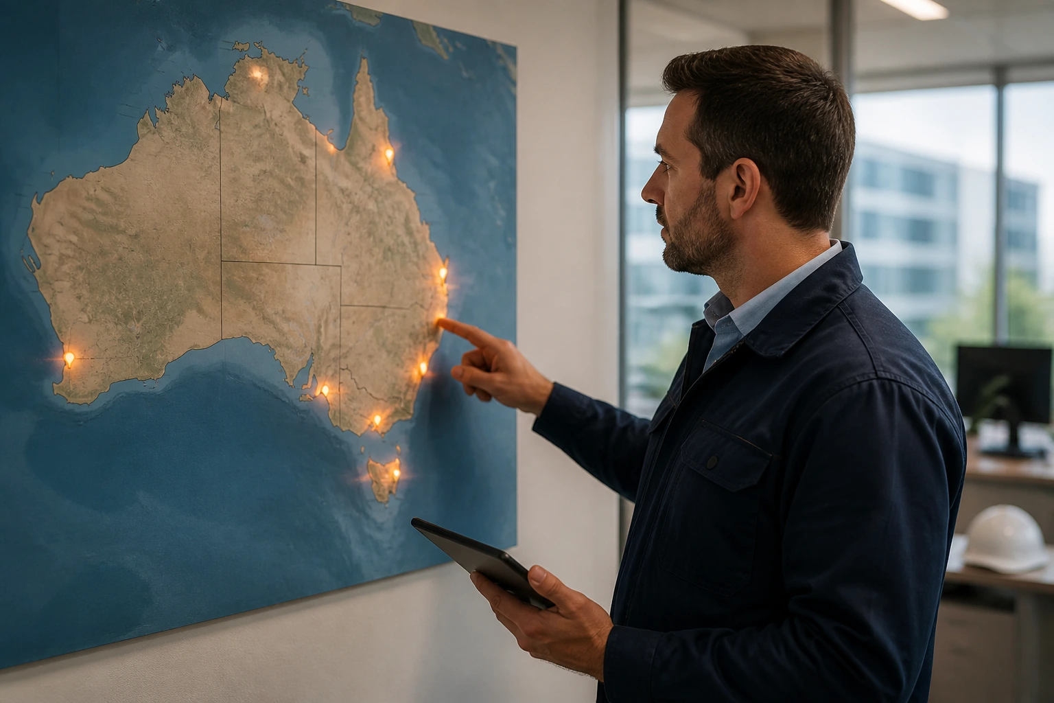 Portrait of facilities manager in office with wall map showing highlighted regions