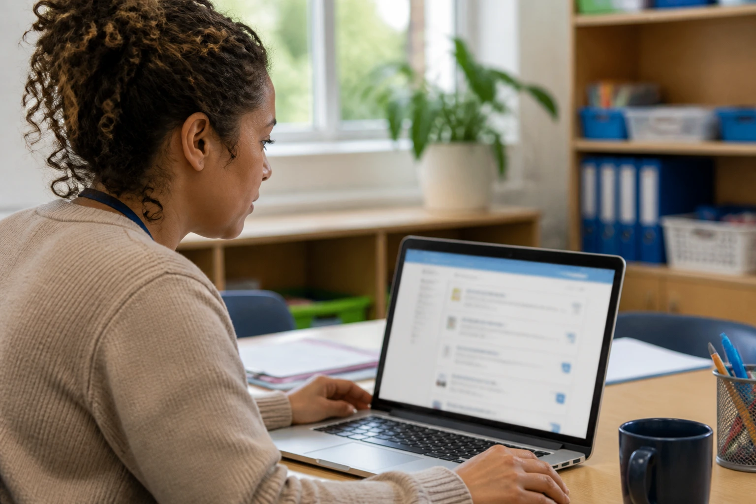 Portrait of a real person at a desk, laptop with blurred postings in a school setting