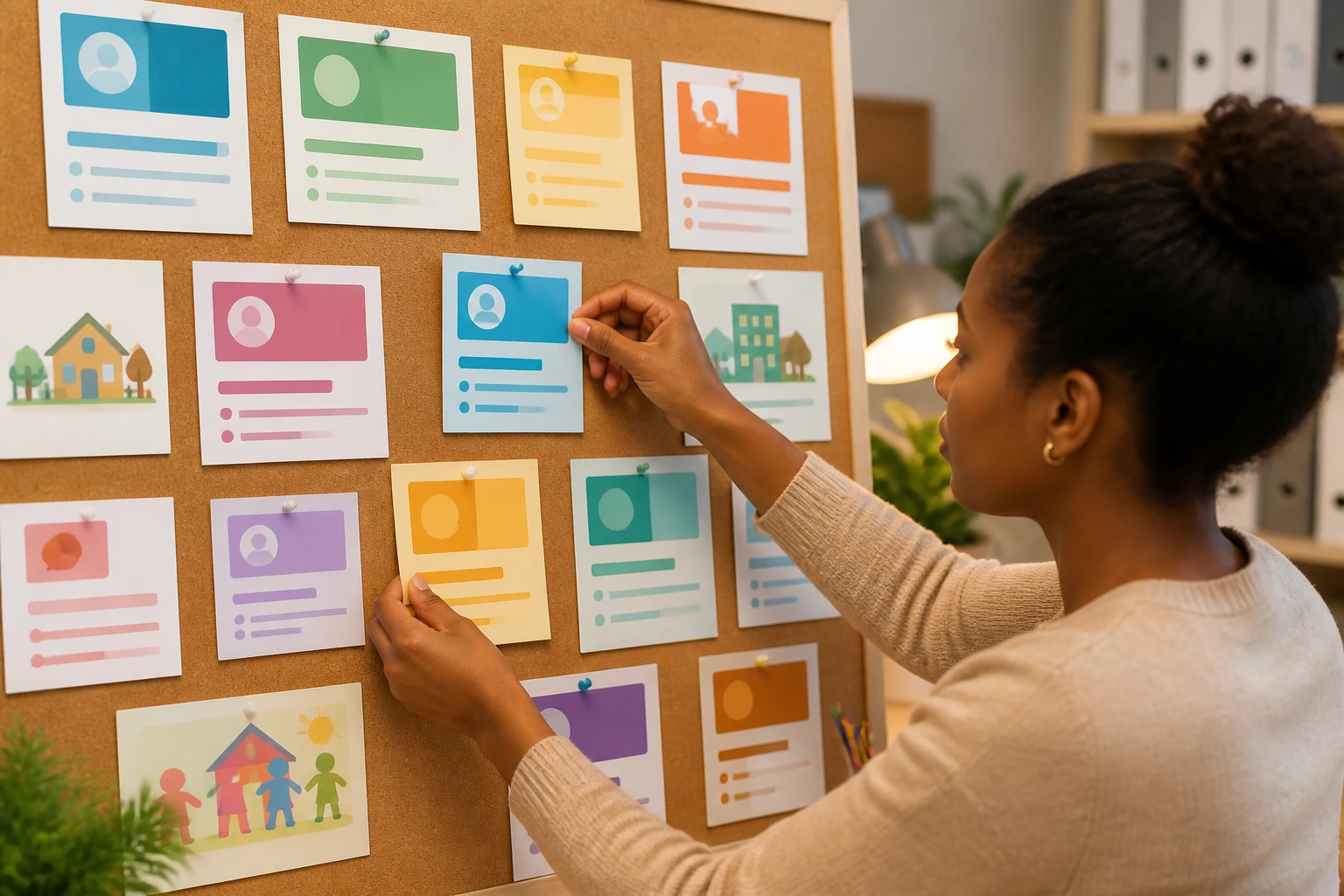 Person pinning color cards on a corkboard, implying sponsored nursery job adverts