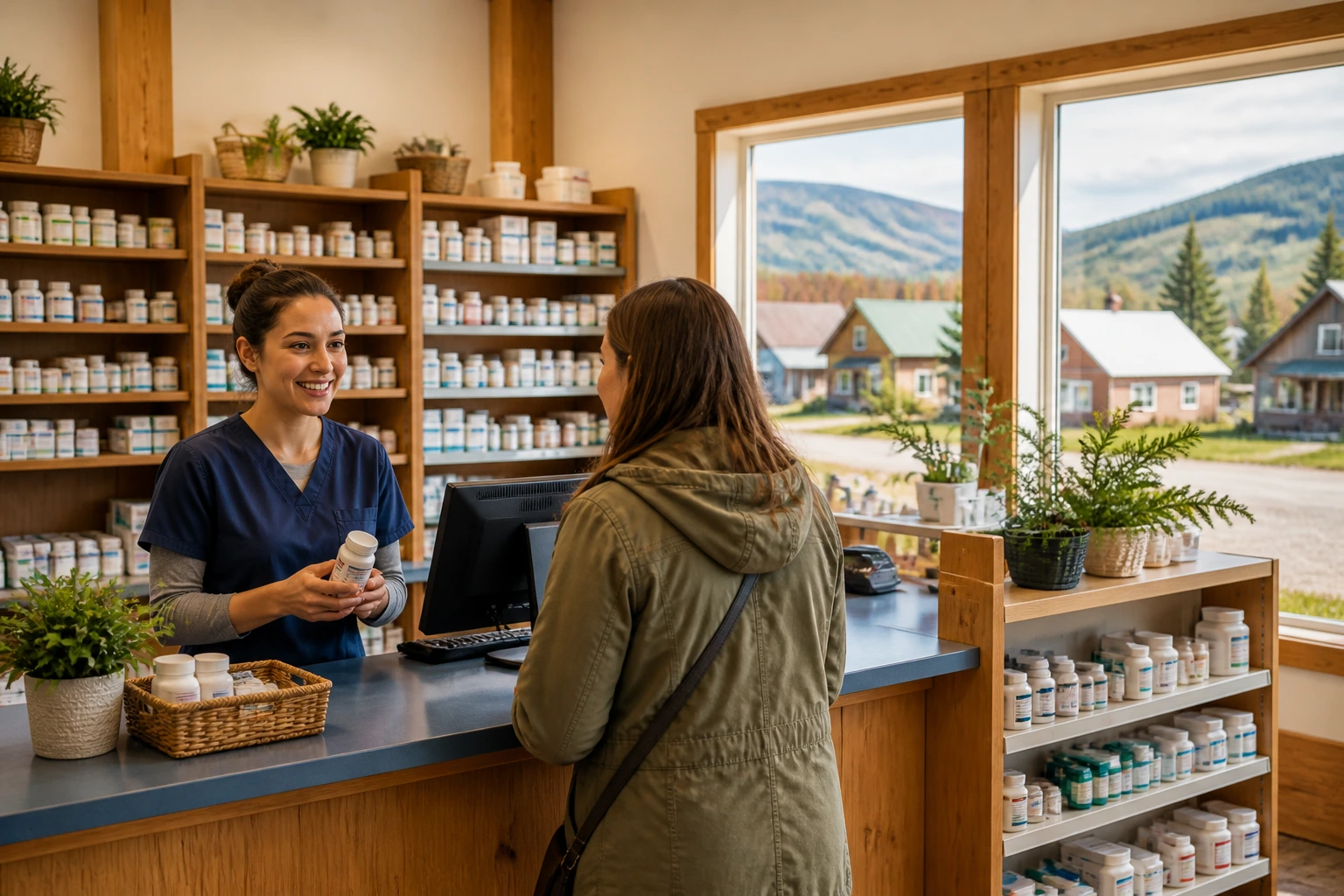 Small-town Canadian pharmacy interior illustrating sponsorship-focused hiring