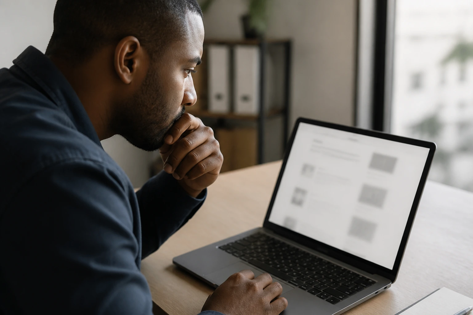 Person reviewing a sponsored job posting on a laptop with blurred screen