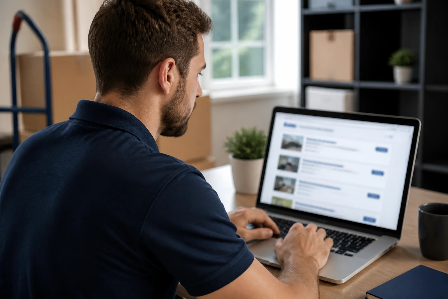 Removalist researching visa sponsorship job ads on laptop at desk