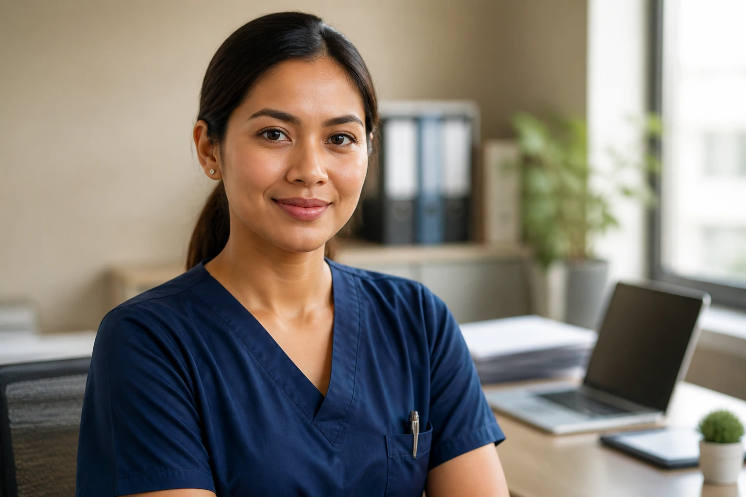 Portrait of a professional in an office representing turning a sponsored healthcare role into permanent residence