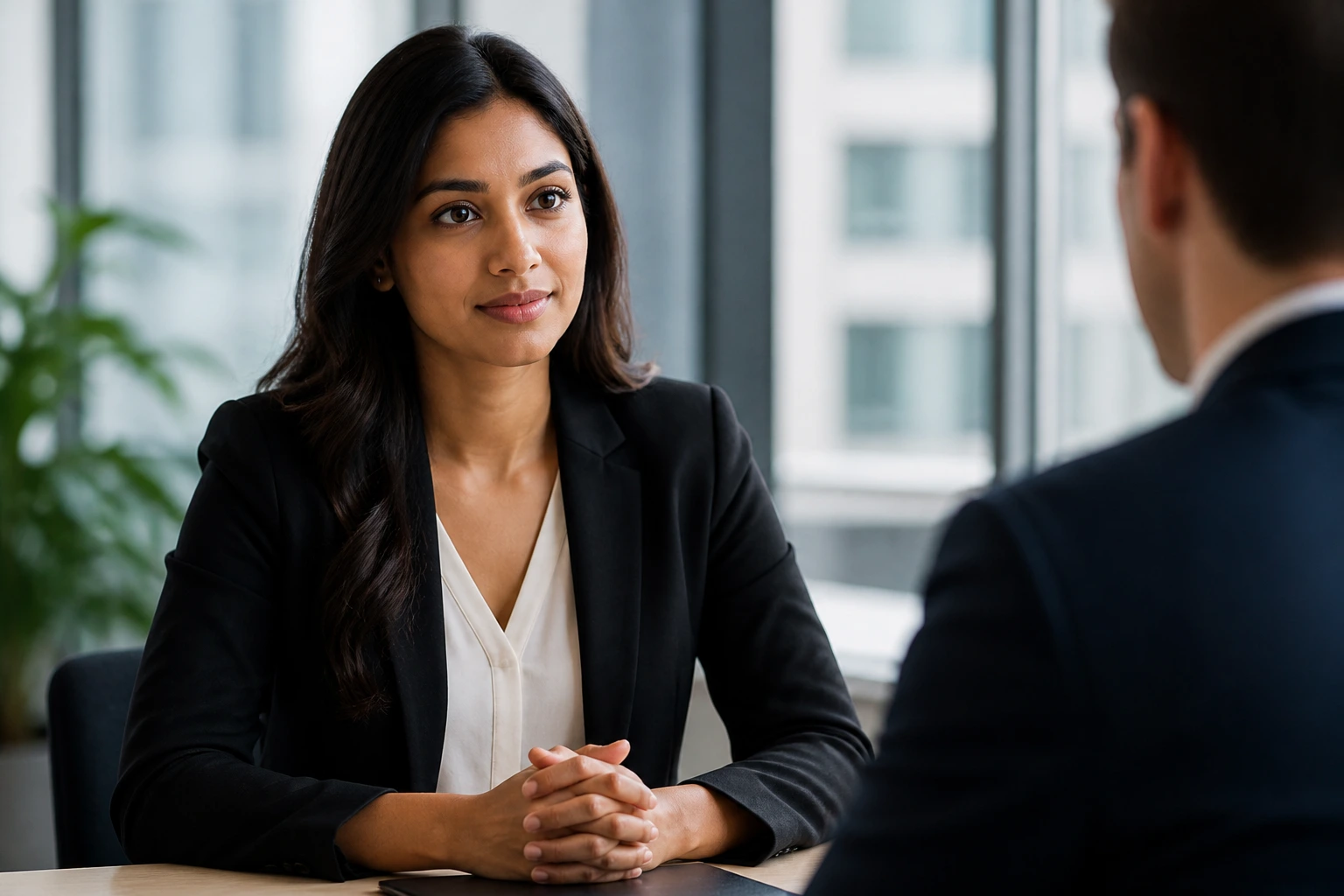 Portrait of a job candidate in an interview setting.