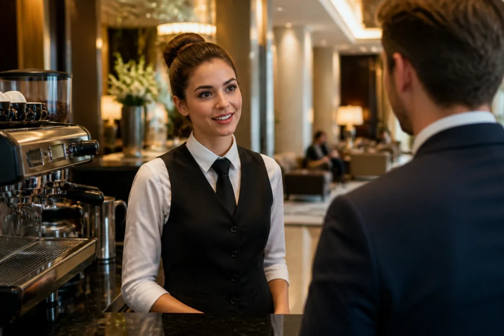 Barista in hotel cafe during interview, highlighting sponsorship hotspots