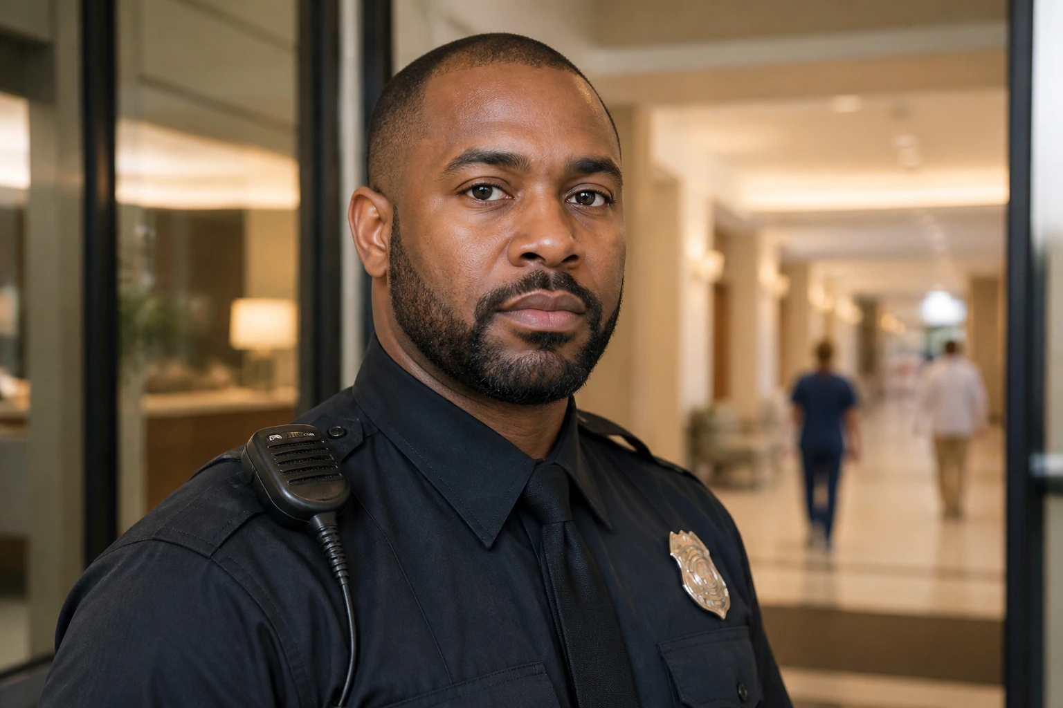 Security guard at a hospital/hotel entrance illustrating sponsor-friendly sites