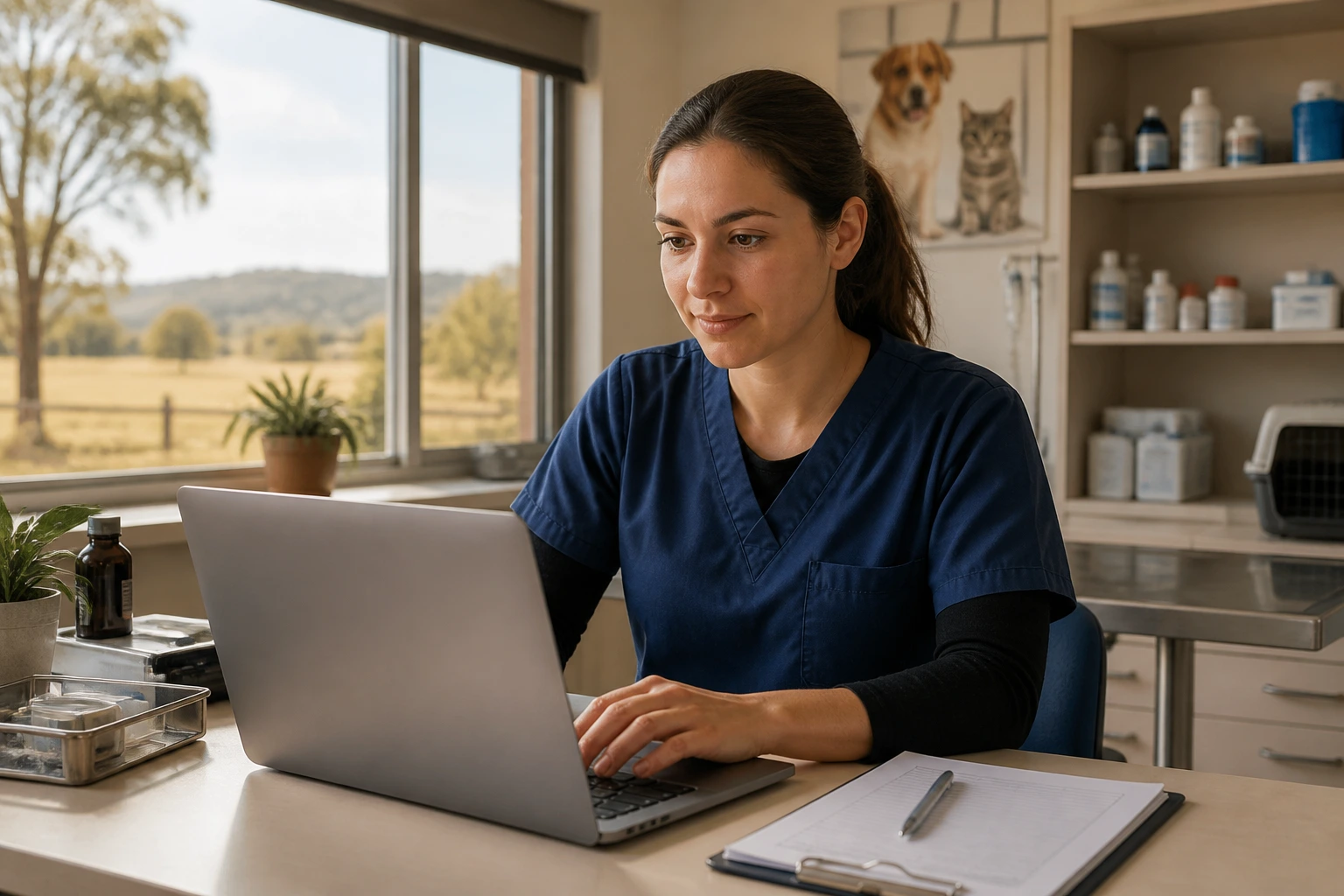 Veterinary assistant at a laptop in a regional clinic, focused on the screen.