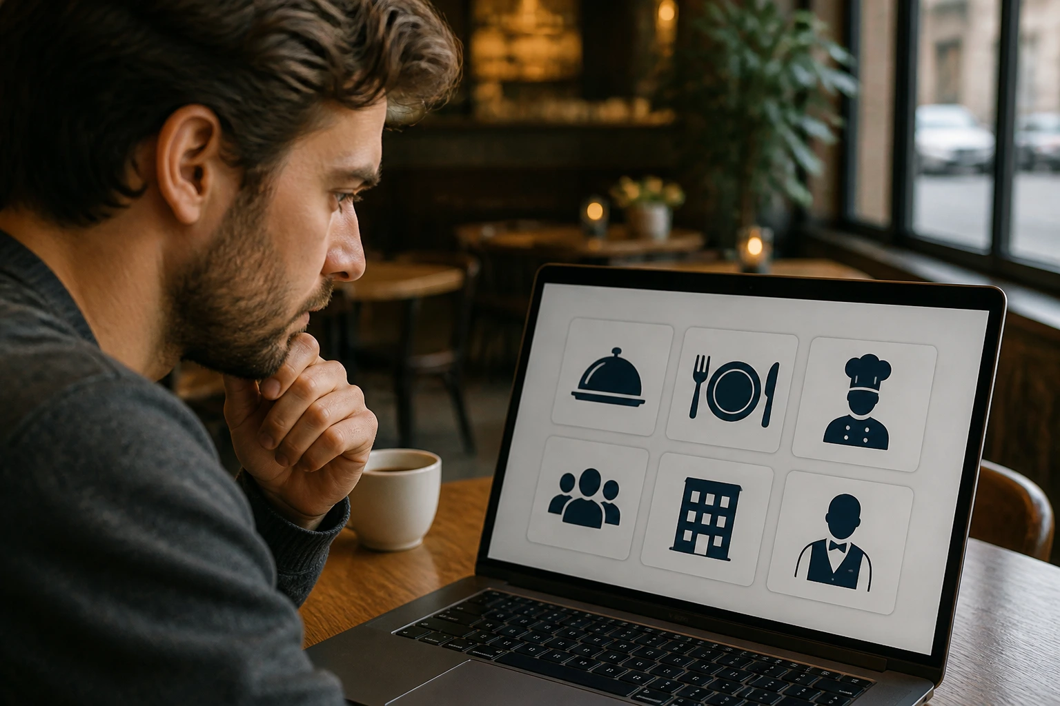 Job seeker examining sponsorship icons on laptop in cafe
