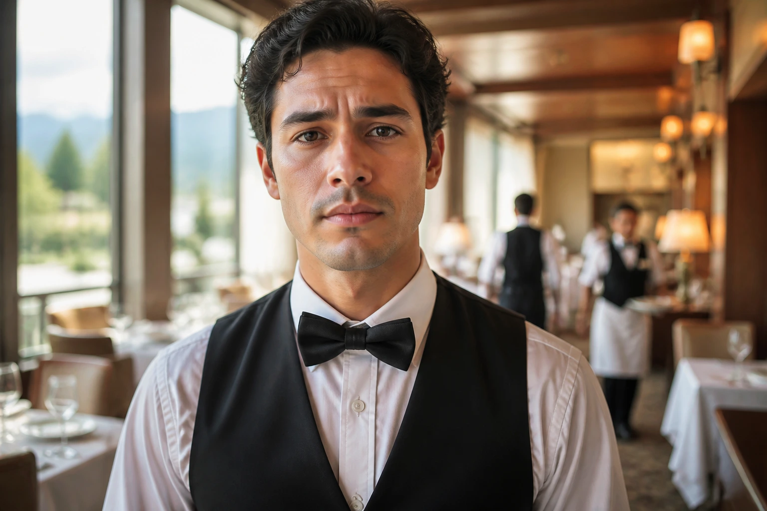 Close-up portrait of a waiter in a crisp uniform in a warm hotel restaurant