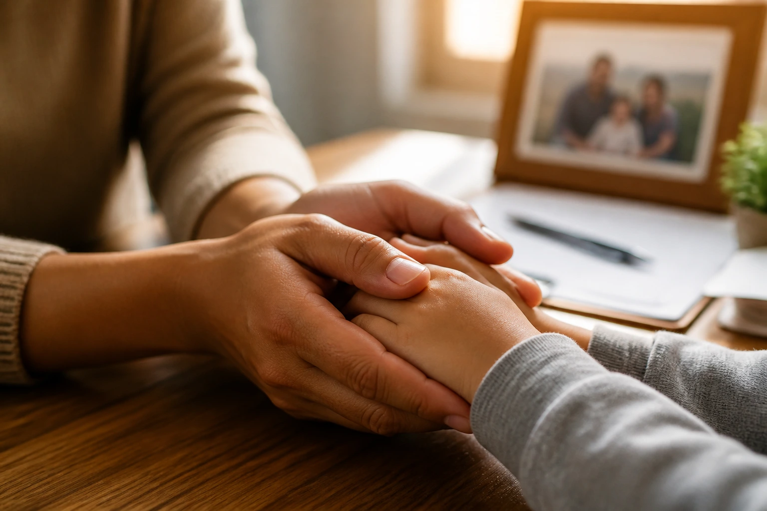 Close-up of parent and child hands symbolizing family sponsorship in a warm home setting