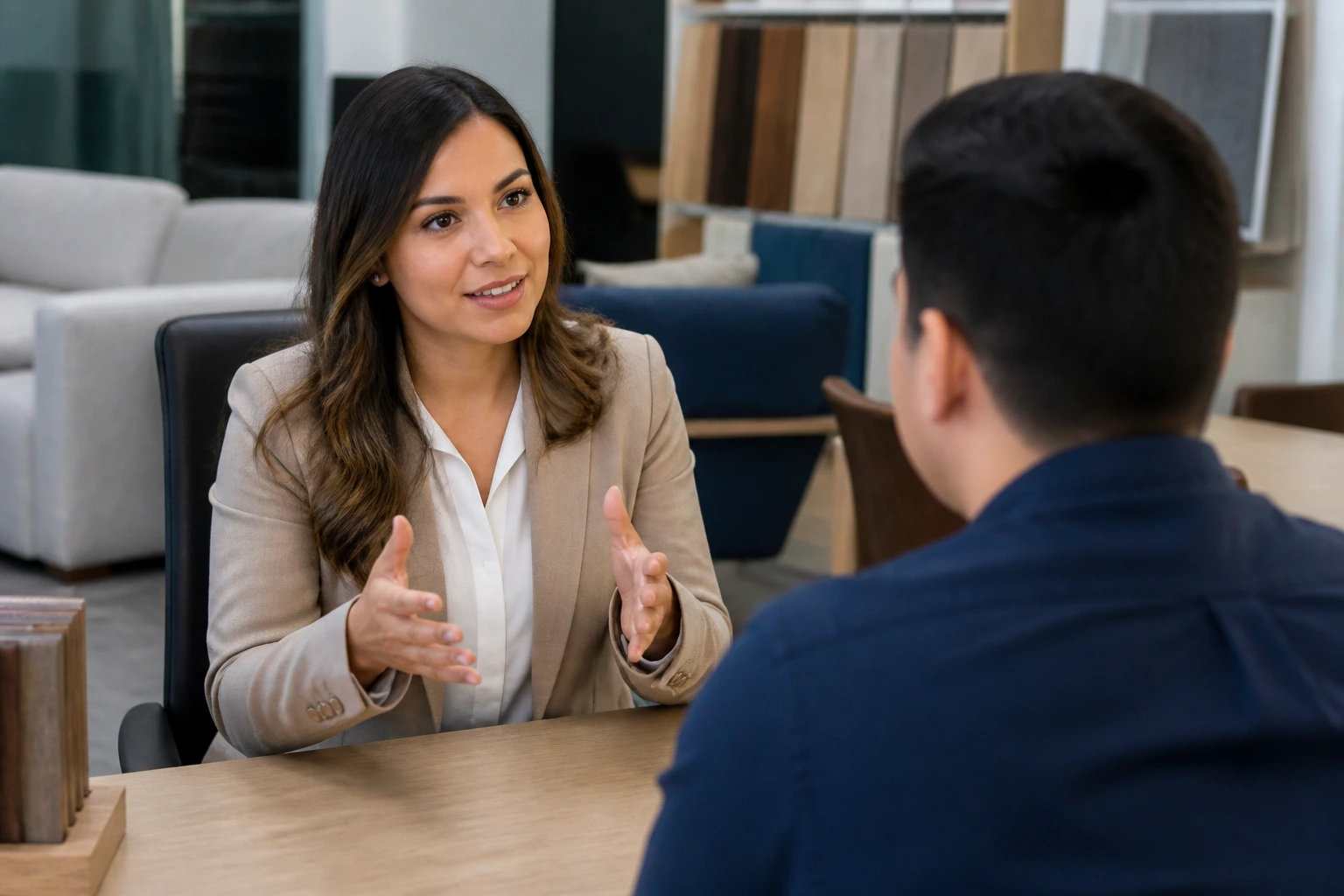 HR recruiter in a modern office discussing sponsorship with a candidate