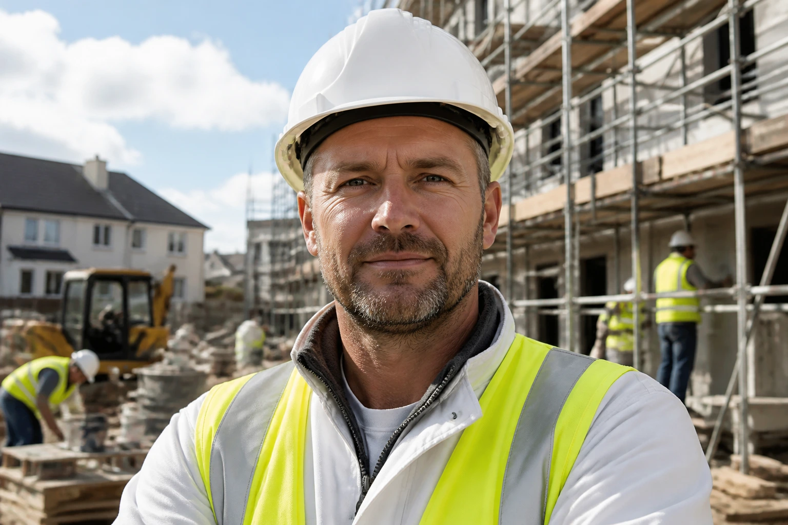 Portrait of a foreman in hi-vis on a busy site representing employers likely to sponsor painters.