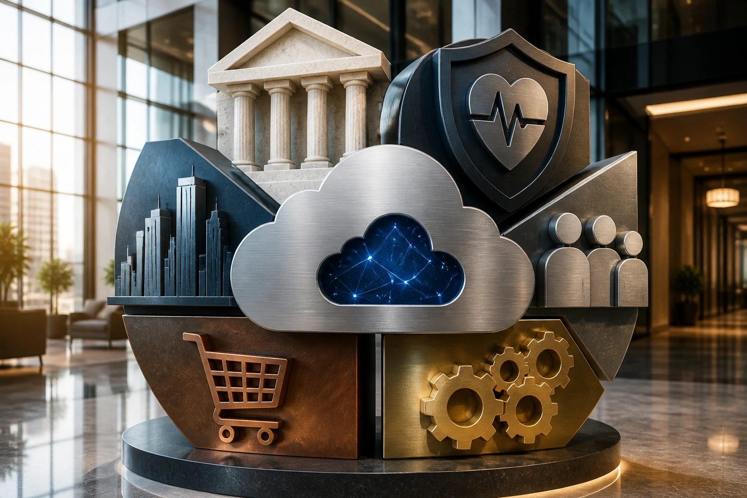 Abstract sculpture symbolizing industries sponsoring cloud architects in a modern corporate lobby