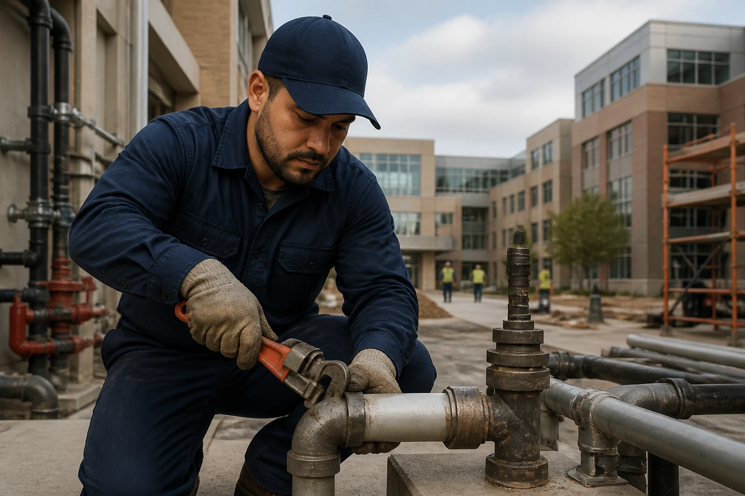 Plumber at a large maintenance site with multiple buildings in background