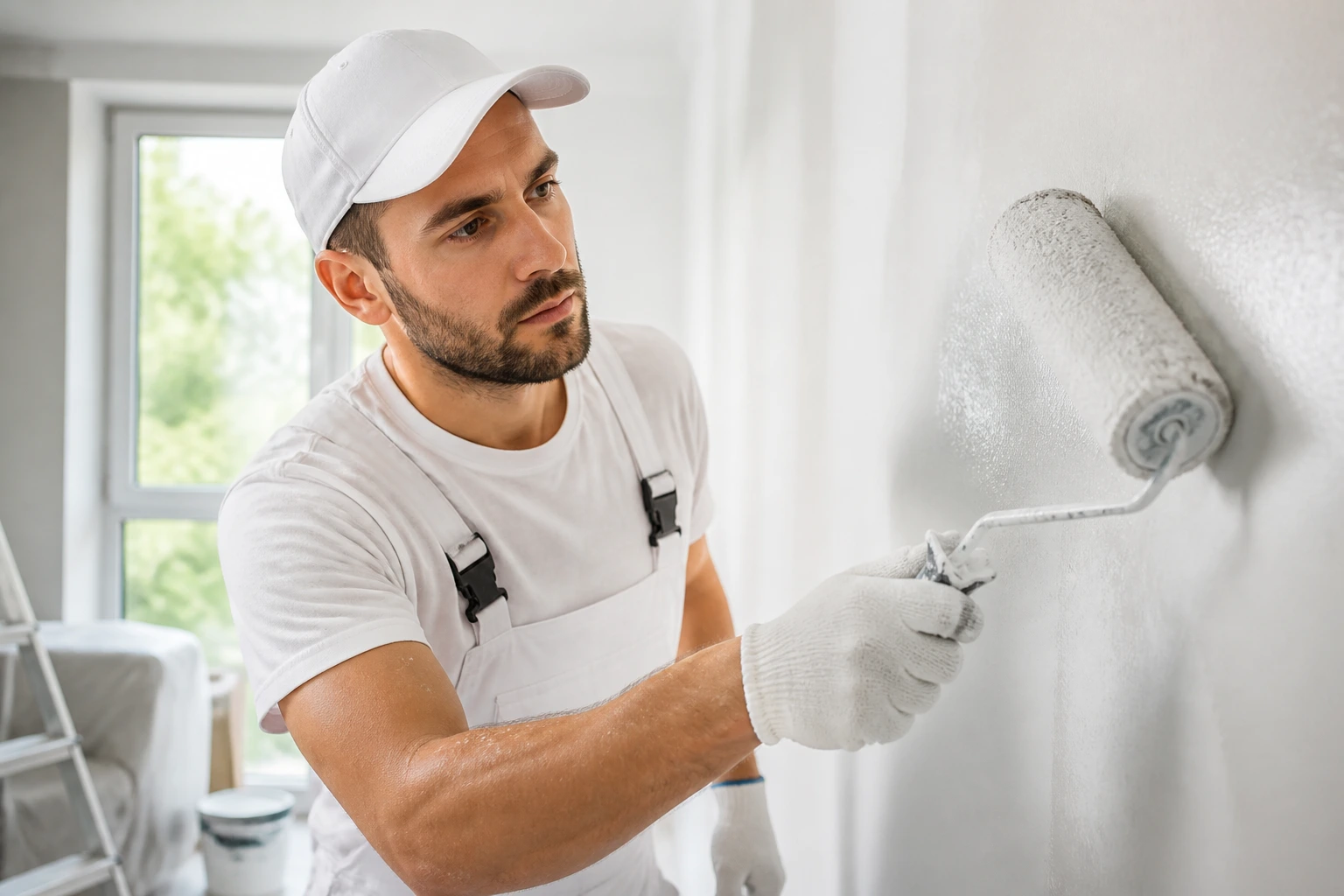 Portrait of a professional painter applying paint on an interior wall
