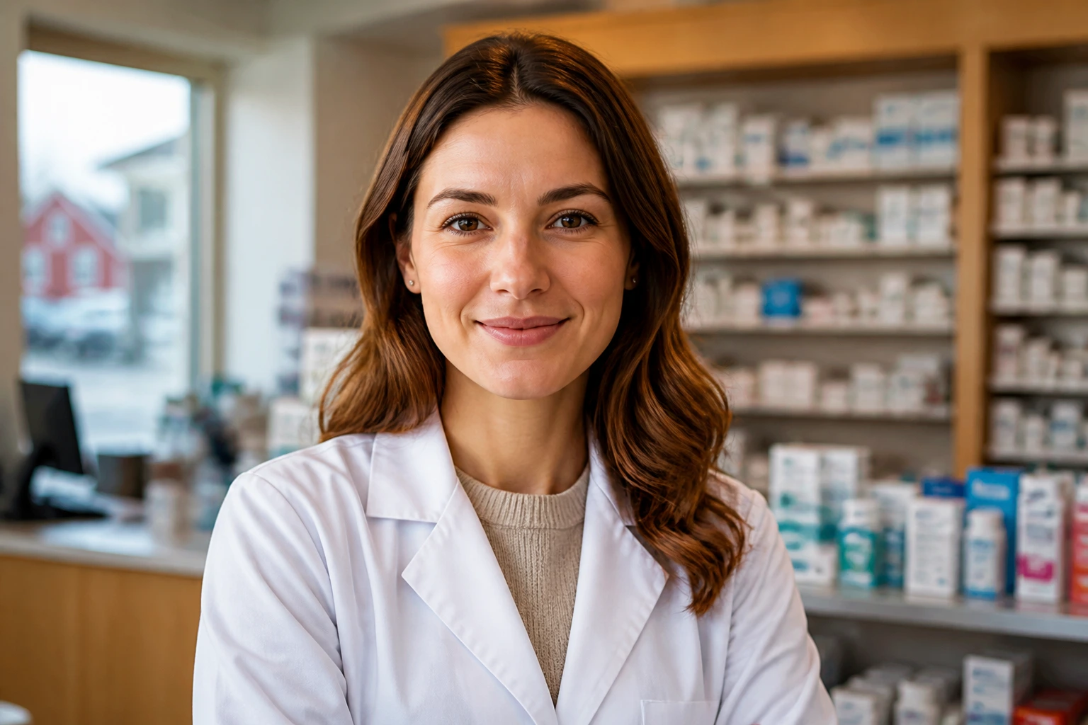 Pharmacist in rural pharmacy posing for sponsorship concept