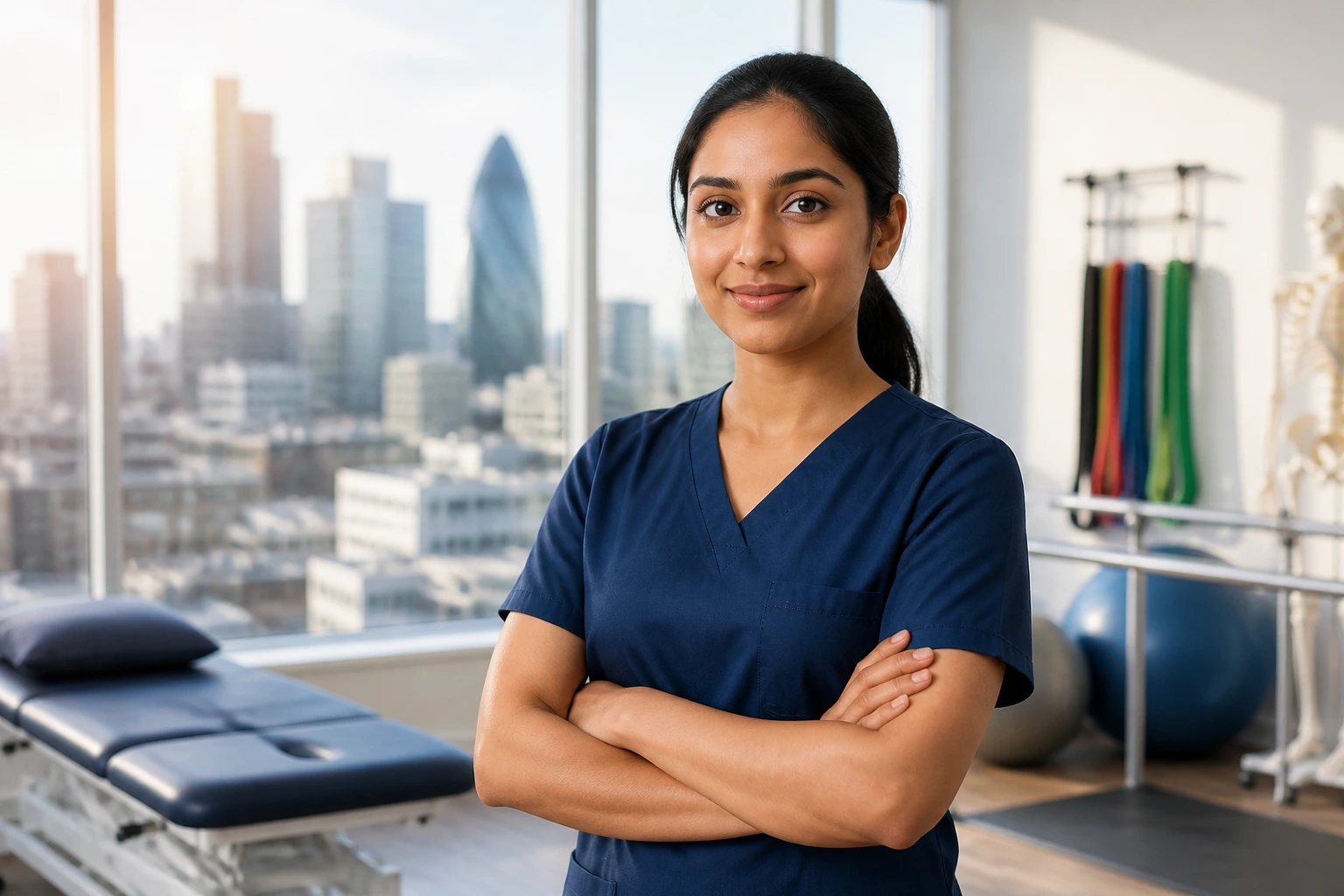 Medium close-up of a physiotherapist in a bright clinic with city view background