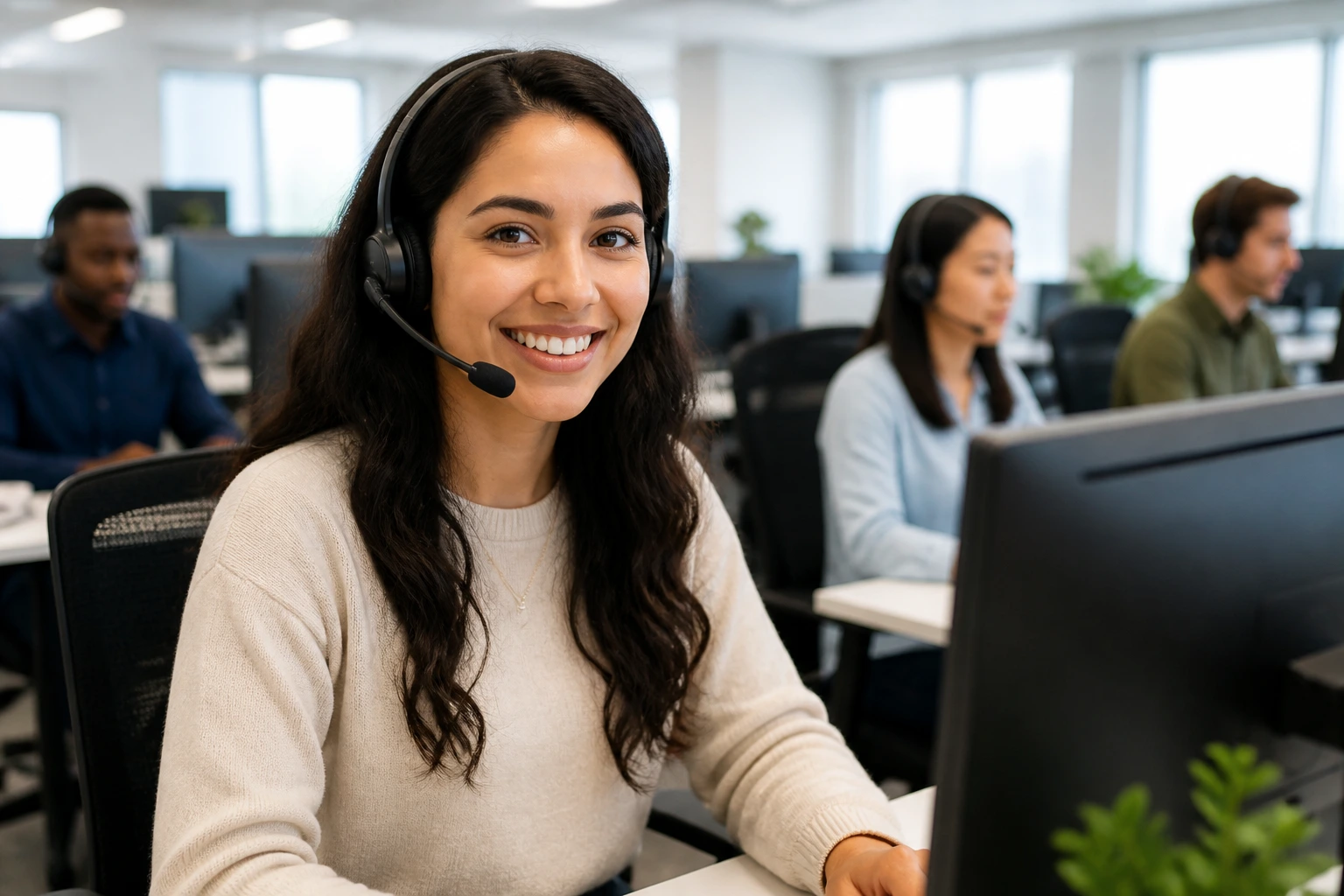 Medium close-up of a multilingual customer service professional with headset in a bright office