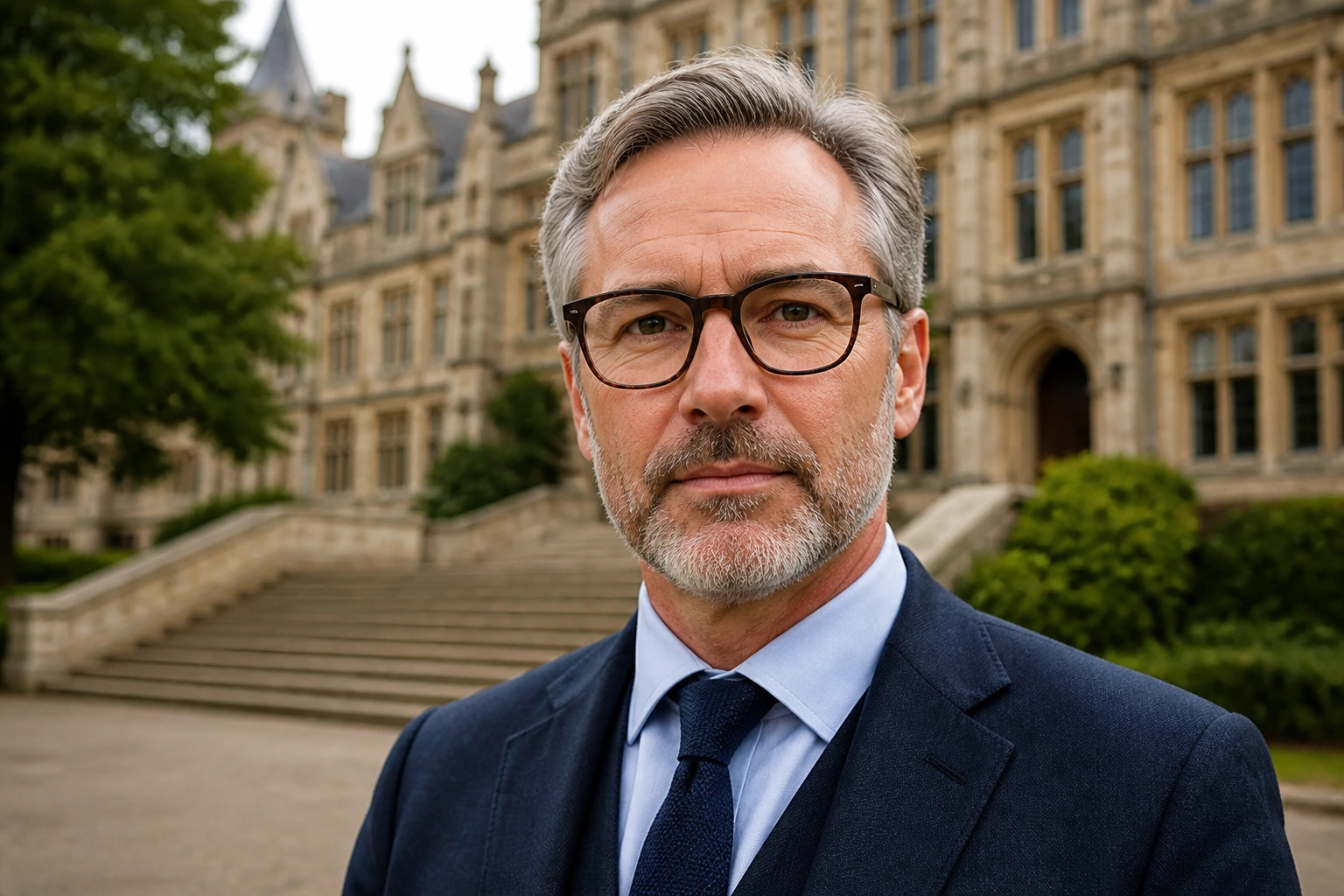 Portrait of a senior academic in a suit in front of a university, symbolizing sponsorship-ready roles
