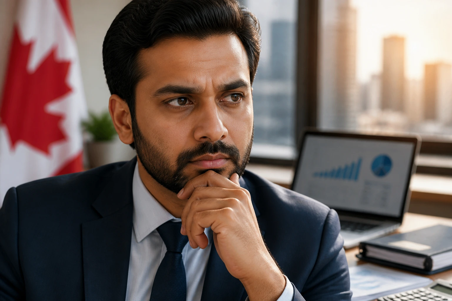 Close-up portrait of an accountant in an office, illustrating sponsorship realities in Canada