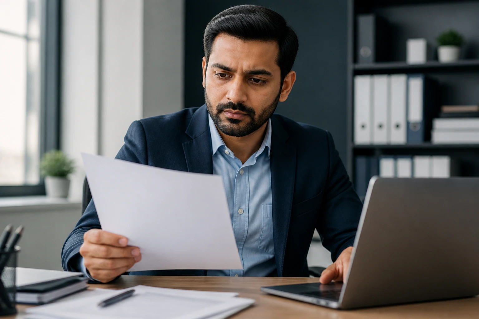 Close-up portrait of an accountant in an office contemplating sponsorship.