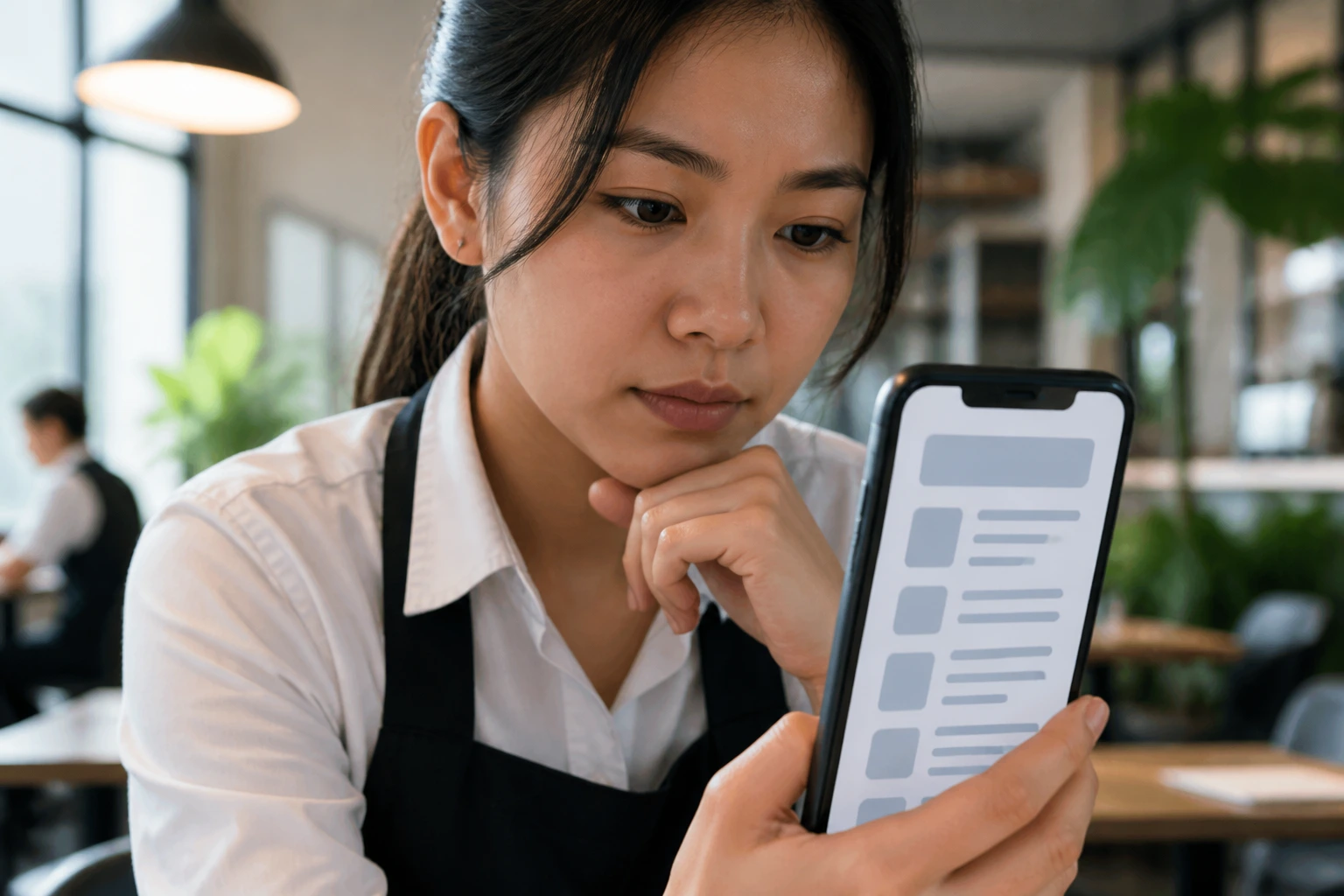 Person examining a phone with an abstract job ad layout, no readable text.
