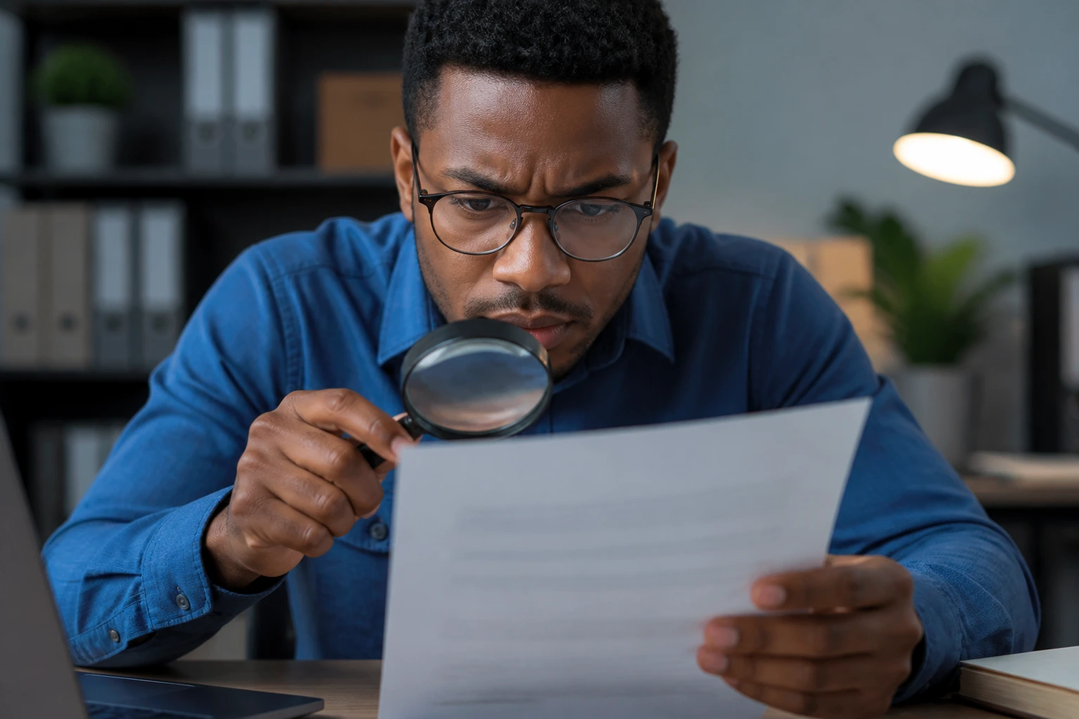 Person examining a sponsor job ad with a magnifying glass in an office.