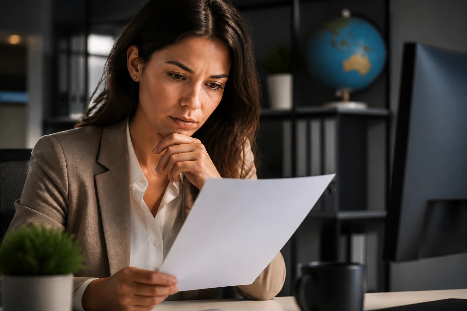 Real person reading a job ad in a professional setting with a focused expression