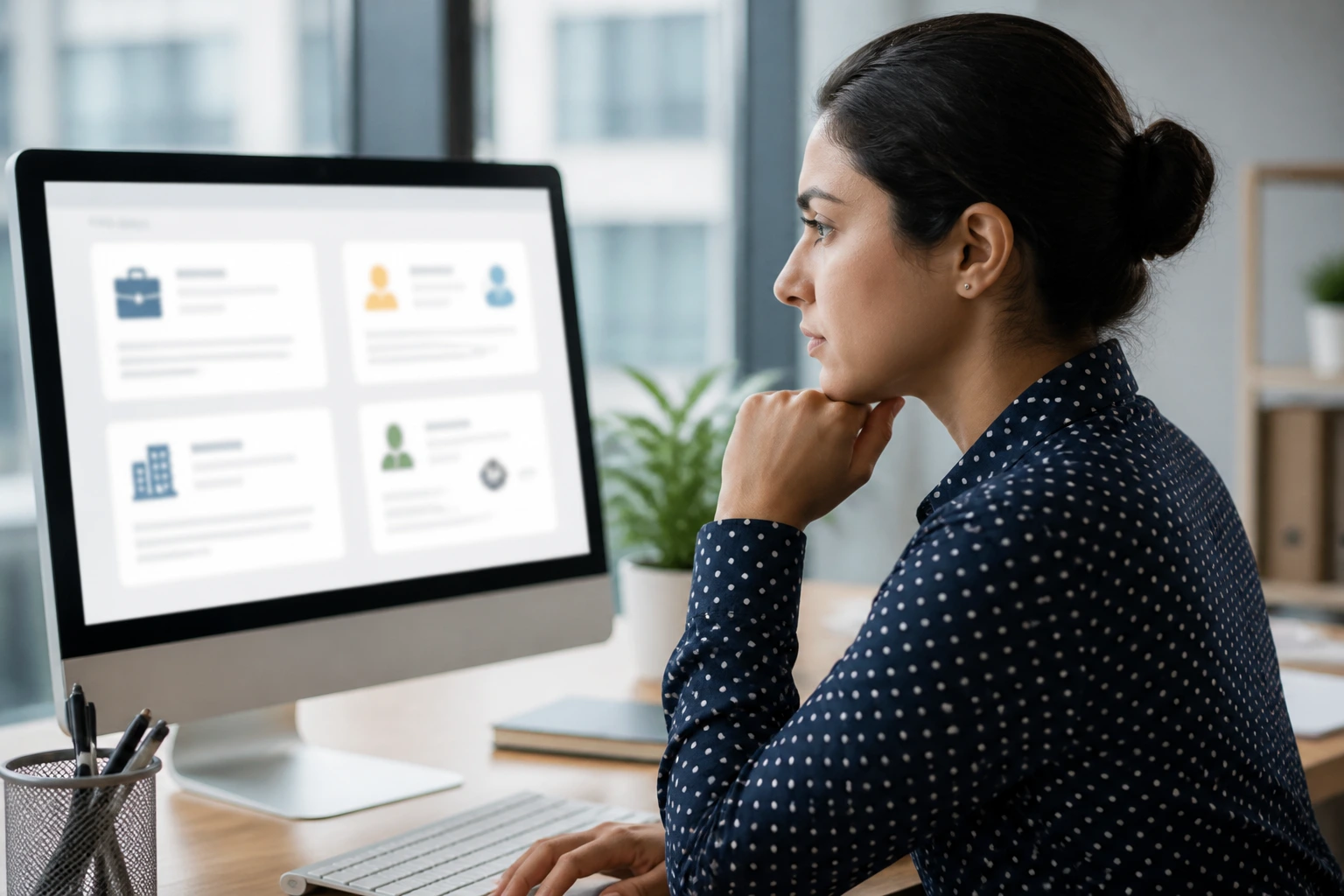 Job seeker planning sponsor-enabled admin roles at a desk in a modern office.