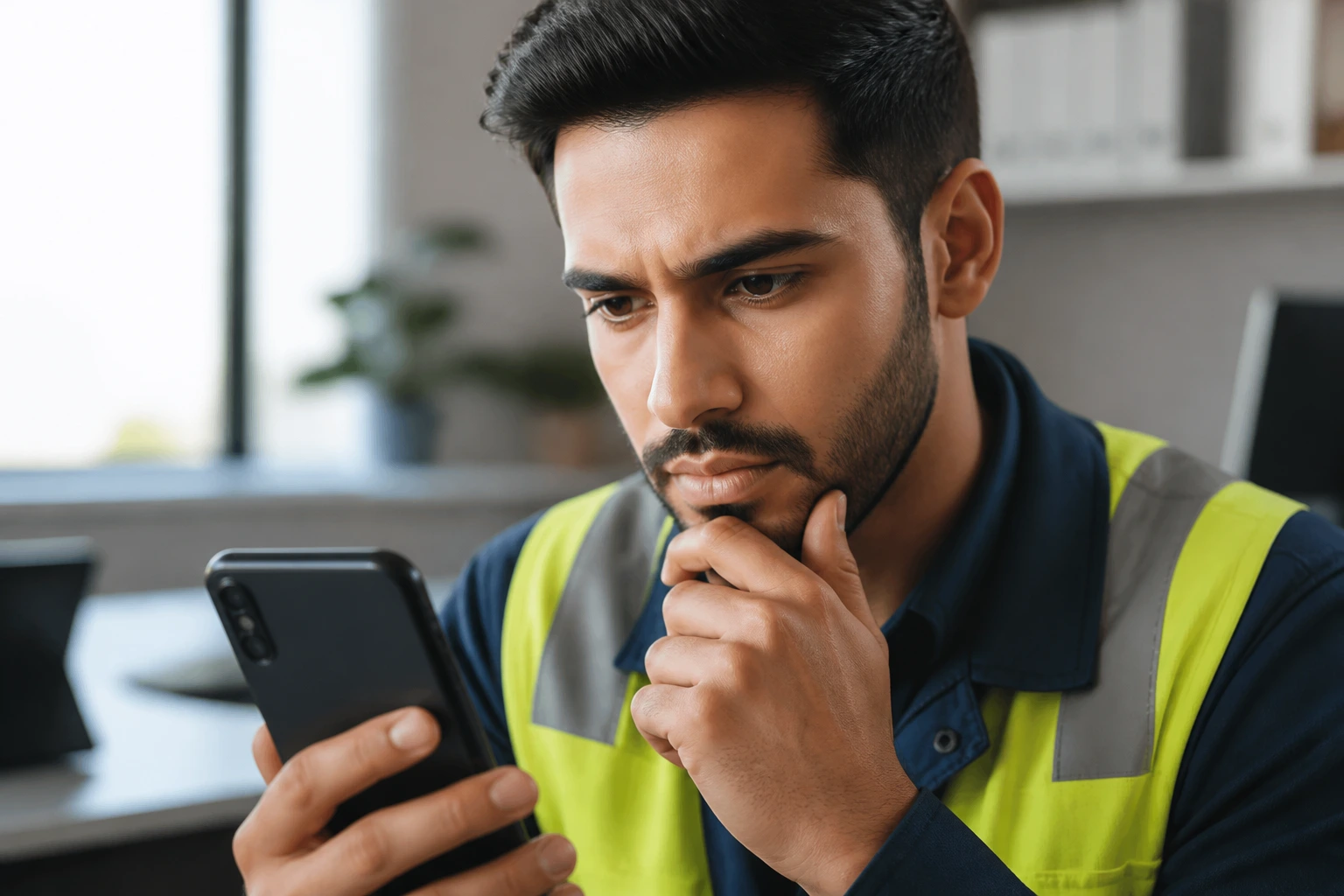 Person carefully assessing a job advertisement on a smartphone in an office setting