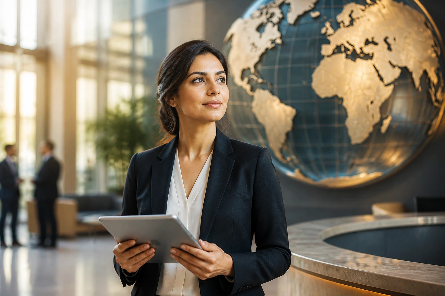 Professional portrait in a corporate lobby with global imagery indicating sponsorship opportunities
