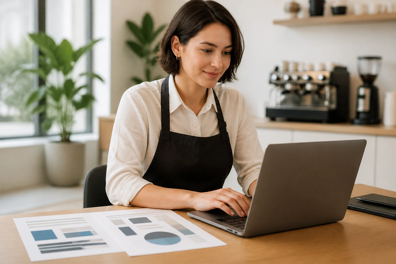 Real person typing on a laptop at a tidy desk, with abstract shapes representing documents