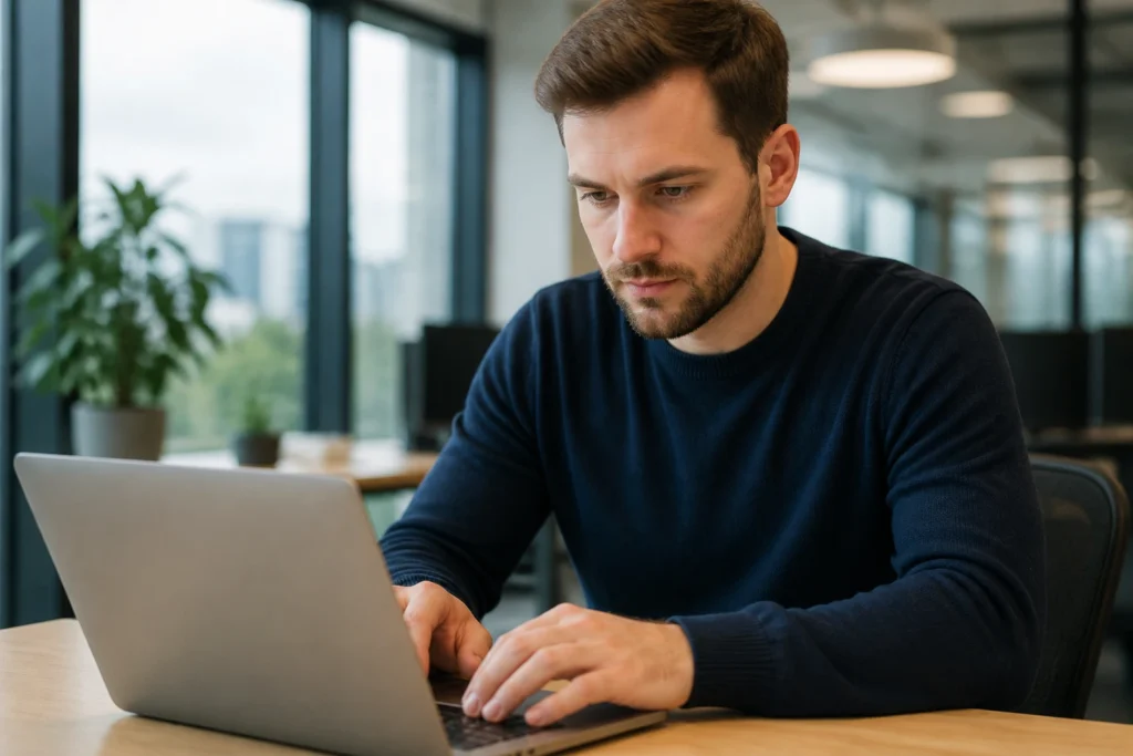 Close-up of a person at a tidy desk typing on a laptop in an office setting