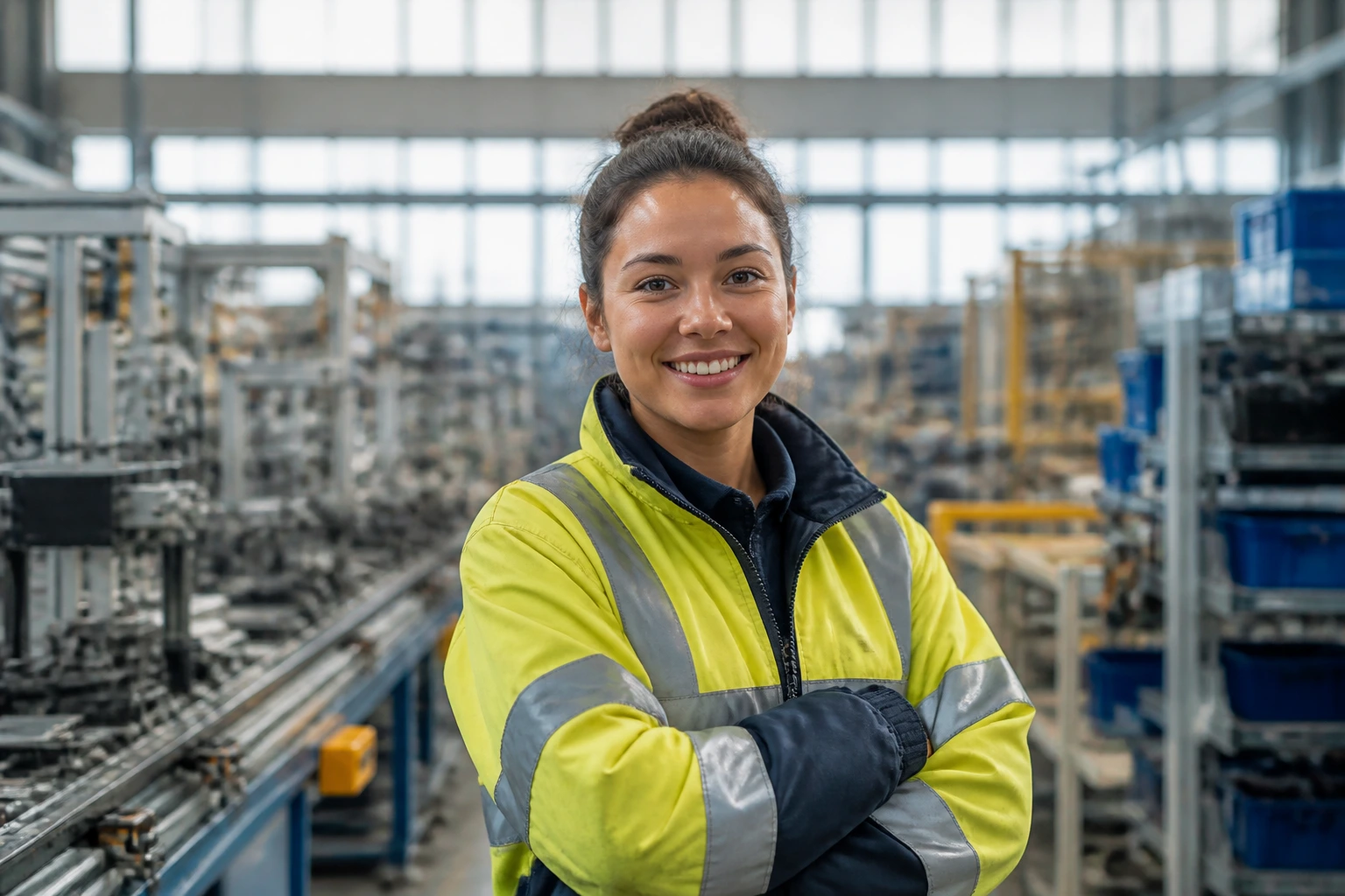 Real person in hi-vis on factory floor, symbolizing sponsorship-focused job search