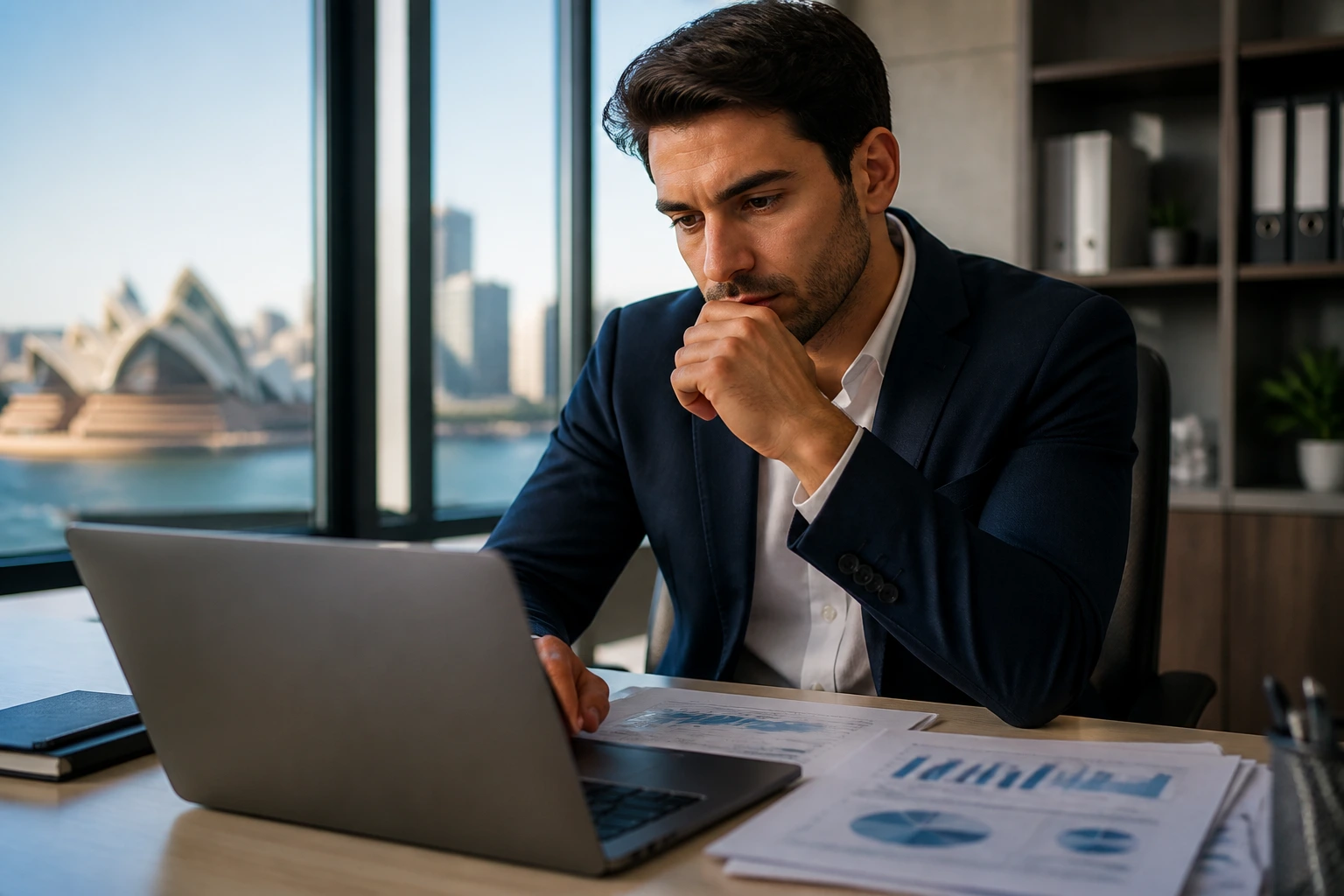 Close-up of a professional financial analyst in a modern office, symbolizing employer sponsorship and work-right challenges in Australia