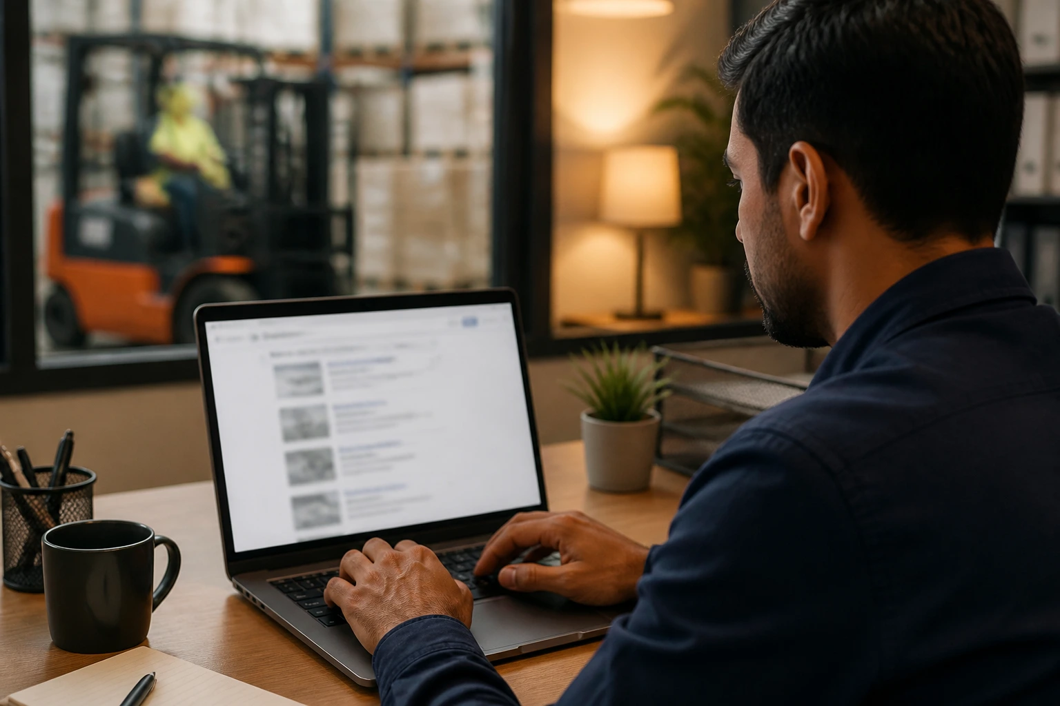 Person searching for forklift operator jobs on a laptop in a modern office