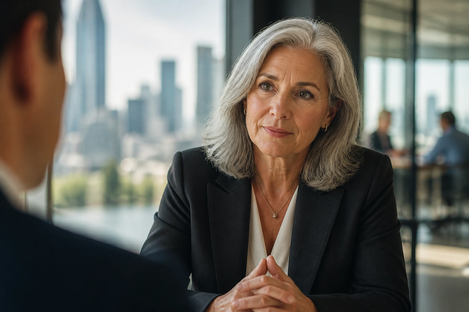 Close-up portrait of a senior HR executive in an Australian office, symbolizing sponsorship decisions.