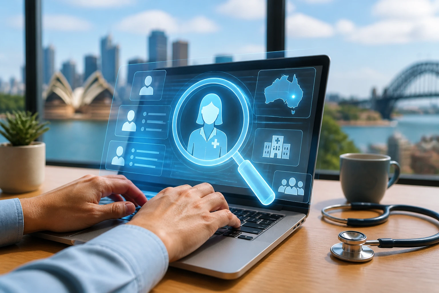 Hands on laptop with holographic magnifying glass symbolizing sponsorship-based job search