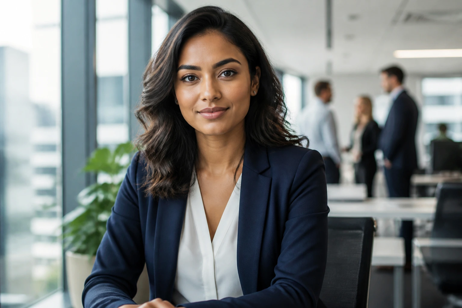 Close-up portrait of a professional in a blazer in a bright office, symbolizing sponsorship