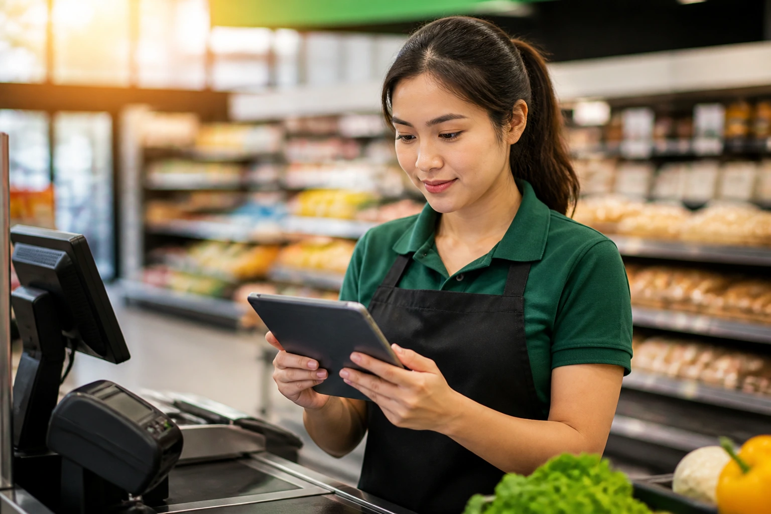 Cashier in uniform looking at a tablet at the checkout area, store shelves blurred behind.